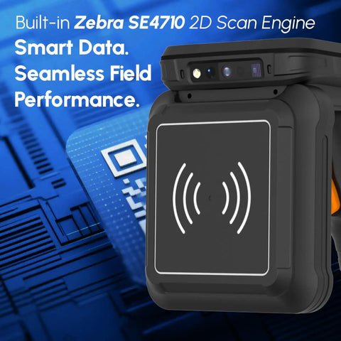 Front view of Rugged Android Barcode Scanner With UHF RFID Reader And Zebra SE4710 Engine Impinj E710 Tag Reading Android 12.