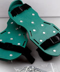 Adjustable Garden Aerator Shoes Straps Eight Pack For Lawn Care Spiked Sandals creating soil holes, green soles with spikes
