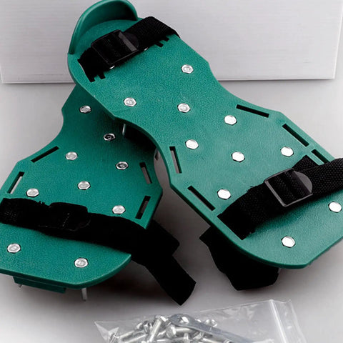 Adjustable Garden Aerator Shoes Straps Eight Pack For Lawn Care Spiked Sandals creating soil holes, green soles with spikes