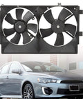 Built Tough Radiator Cooling Fan Assembly Drops Right In For Mitsubishi Lancer De Es Se Gt Gts 2008 Through 2017 front view with dual blades