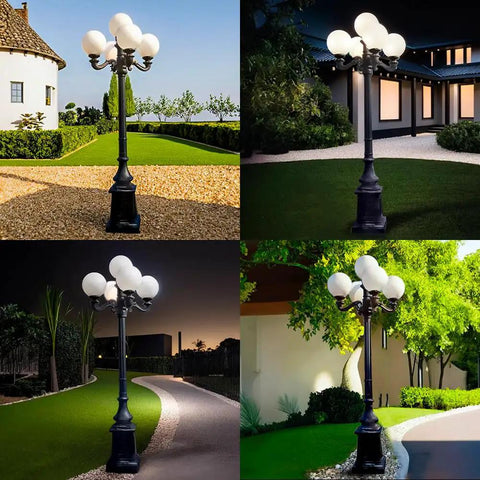 9.5 Ft Five Arm Victorian Outdoor Post Light in Black Finish illuminating driveways and porches with shatterproof globe shades at night