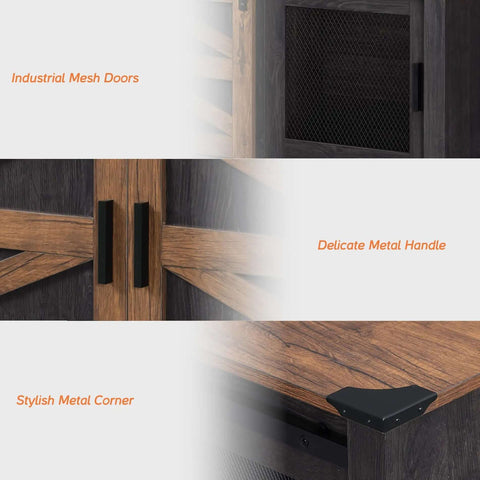 Detail view of mechanical features on farmhouse buffet cabinet with sliding barn doors and mesh doors for a no fuss coffee bar setup.