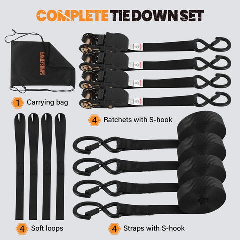 Image of 20 Ft Heavy Duty Ratchet Straps 4 Pack, 1 Inch Webbing, 1750 Lb Break Strength Tie Downs with carrying bag, and soft loops.