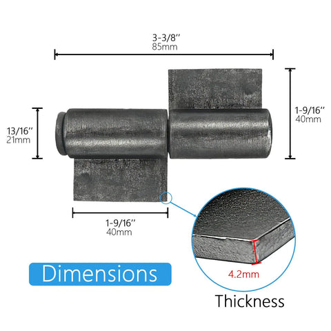 Six Pack Heavy Duty Weld On Door Hinges With 360 Degree Rotation, 3 3/8 x 1 9/16 Inches, 11/64 Inch Thick Steel Butt Hinges dimensions