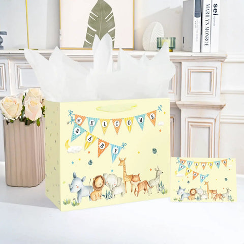 13 Inch Large Baby Gift Bag For Baby Shower With Tissue Paper And Greeting Card Yellow Dinosaur Design Includes 3 Sheets Tissue Paper For Boy Or Girl Must Have Gift Bag displayed with matching card.