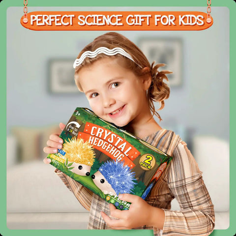 Hedgehog Crystal Growth Kit For Kids 6-12 - See Blue And Orange Crystals Form In 24 Hours, A Fun Hands-On STEM Gift That Feels Like Real Chemistry, Easy Step-By-Step Instructions For Curious Builders. Girl holding 2-pack crystal hedgehog kit box