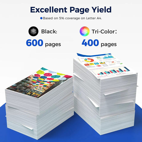 Stacks of printed pages showing the yield of 275XL Black and 276XL Color Ink Cartridges Combo Pack For Pixma Printers TR4700 TR4720 TS3700 TS3722 TS3500 TS3522 Replacement Ink Cartridge Set Great Value Easy Install