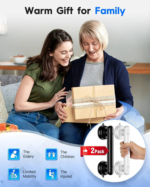 Premium Upgraded Rock Solid Two Pack Shower Grab Bars For Bathroom Wall in black and white with women enjoying gift.