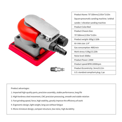 Pneumatic Palm Sander Kit With Random Orbital Action For Auto Body, Car Waxing And Woodworking on white background.