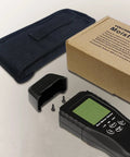 Digital Wood Moisture Meter With Pin Pro Sensor with cover, screws, blue case, and box on white background