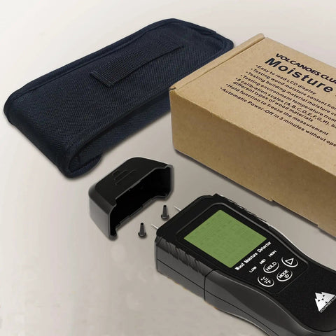 Digital Wood Moisture Meter With Pin Pro Sensor with cover, screws, blue case, and box on white background