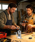 Two men using Heavy Duty Manual Wire Stripping Machine With Adjustable Hand Crank, processing copper wires in a workshop.