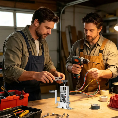 Two men using Heavy Duty Manual Wire Stripping Machine With Adjustable Hand Crank, processing copper wires in a workshop.