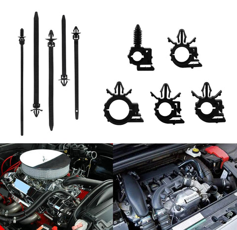Gearhead Approved 150 Piece Wire Loom Clips Kit for car harness routing, showing clips and engine example use.