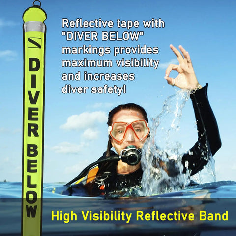 Diver using 4 Foot Surface Marker Buoy For Scuba With Reflective Strip High Visibility Inflatable Signal Tube at sea surface