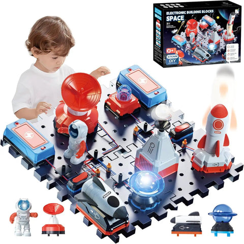 Child playing with Kids Electronics Circuit Kit For Ages 6 And Up, 32 Piece Exploration Set with more than 150 creative projects