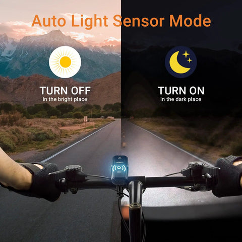 Cyclist using USB Rechargeable Bike Light Set With Front Headlight And Rear Tail Light 5400mAh Power Bank, Auto Light Sensor Mode