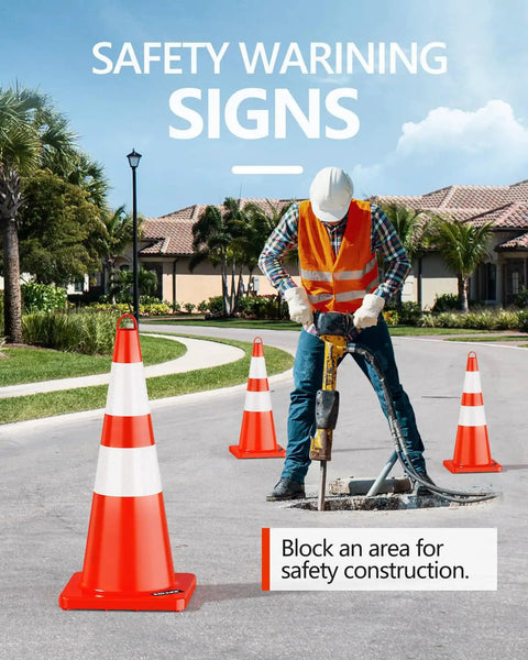 Construction worker using equipment, surrounded by 10 Pack 28 Inch Traffic Safety Cones With Reflective Collars For Day And Night Visibility Built Tough Heavy Duty PVC Orange Cones For Traffic Control Road Construction Driveway Parking Weather Resistant.