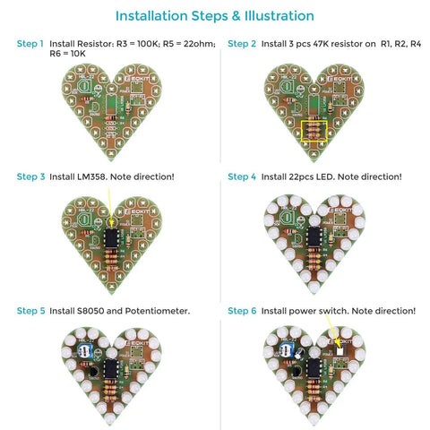 Totally Heart Shaped DIY LED Light Kit Set With Flashing LEDs Soldering Practice Project In Red Green White Three Color PCB Kit assembly steps