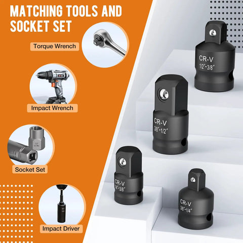 Kickass One Inch To Half Inch Impact Socket Adapter Reducer Conversion Kit For Real Mechanics And Home Shops Built From Damn Tough Chromoly Steel That Handles Heavy Torque Without Breaking A Sweat, displayed with matching tools.