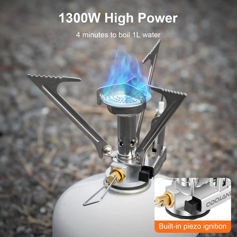 Backpacking Cooking Kit With 1300W Stove 0.6L And 0.8L Pots showing piezo ignition and blue flame on gravel background