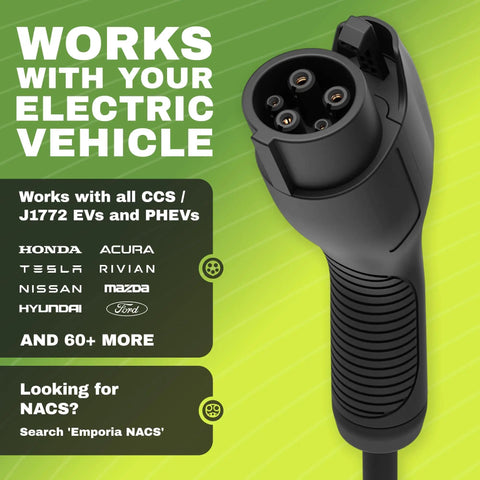 Plug And Go Level 2 Ev Charger With J1772 Connector 48 Amp 240 Volt Wifi Enabled Electric Vehicle Charging Station connector close-up.