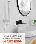 Outlet Shelf for Standard Outlets With Built In Cord Storage And Room For Bulky Plugs in bathroom with toothbrush.