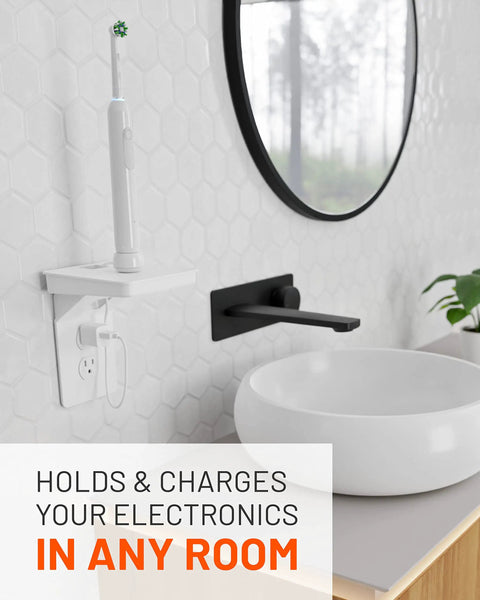 Outlet Shelf for Standard Outlets With Built In Cord Storage And Room For Bulky Plugs in bathroom with toothbrush.