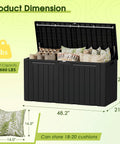 100 Gallon Outdoor Storage Box Waterproof Resin Deck Box for Patio Furniture, lid open displaying cushions inside, lockable