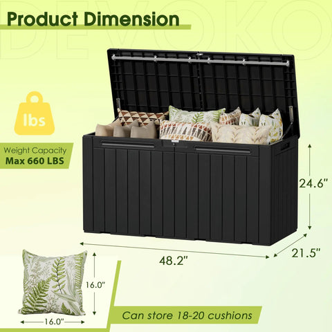 100 Gallon Outdoor Storage Box Waterproof Resin Deck Box for Patio Furniture, lid open displaying cushions inside, lockable