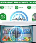 No Nonsense Heavy Duty Commercial Prep Table Refrigerator With Extra Wide Stainless Steel Worktop And Massive Cold Storage For Pizza And Sandwich Professionals showcasing spacious interior with drinks, vegetables, and fruits.