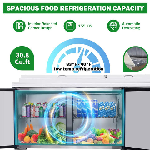 No Nonsense Heavy Duty Commercial Prep Table Refrigerator With Extra Wide Stainless Steel Worktop And Massive Cold Storage For Pizza And Sandwich Professionals showcasing spacious interior with drinks, vegetables, and fruits.