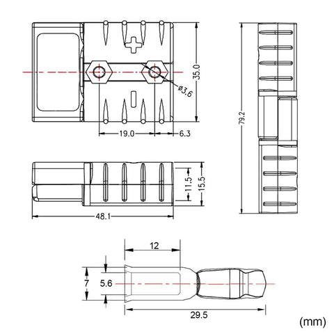 Diagram of 6 Sets 6-10 Gauge Battery Quick Connect Disconnect Kit 50A 12-36V Quick Connector Wire Harness Plug with dimensions