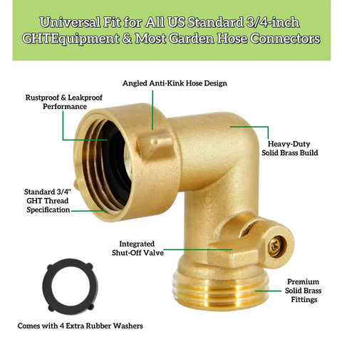 90 Degree Water Hose Elbow For RV And Garden: Brass Three Quarter Inch GHT Connector With Shut Off Valve, Lead-Free Inline Fitting For Tight Spaces, Prevents Kinks And Strain In City Water Hookups. Brass 3/4-inch GHT elbow with shut-off valve and washers