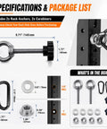 Badass Universal Gym Rack Anchor Bolts And Heavy Duty Adapters specifications and package list with sizing details.