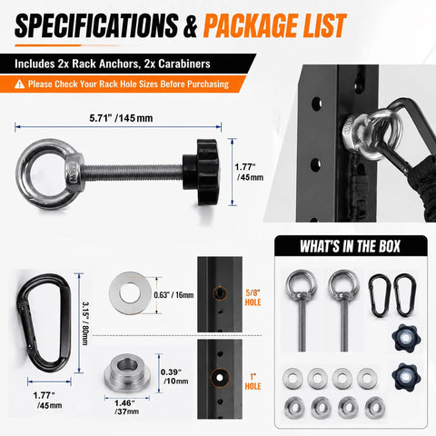 Badass Universal Gym Rack Anchor Bolts And Heavy Duty Adapters specifications and package list with sizing details.