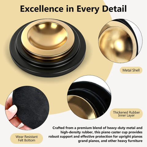 Heavy Duty Piano Caster Cups Set For Upright And Grand Pianos, Metal Rubber Wheel Pads With Non Slip Felt Bottom, Anti Scratch Floor Protectors For Hardwood Floors