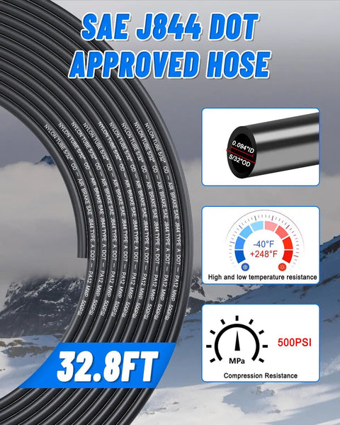 Premium 5/32 Inch Air Line Tubing Kit Including 32.8 Feet Of Sae Nylon Hose and compression resistant details.