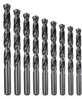 9 Pack High Speed Steel Drill Bit Set 1/16 To 3 Inch Sizes M2 Bits For Metal Wood Jobs Black Oxide Split Point Tough Stuff, nine black oxide drill bits