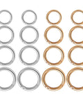 16 Pcs Mini O Ring Clip Spring Carabiner Set For Bags And Purses And Handbags, Round Gold And Silver O Rings And Clasps, Four Sizes For DIY Jewelry Making And Craft Projects, silver and gold alloy rings