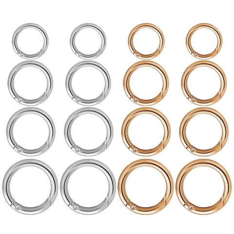 16 Pcs Mini O Ring Clip Spring Carabiner Set For Bags And Purses And Handbags, Round Gold And Silver O Rings And Clasps, Four Sizes For DIY Jewelry Making And Craft Projects, silver and gold alloy rings