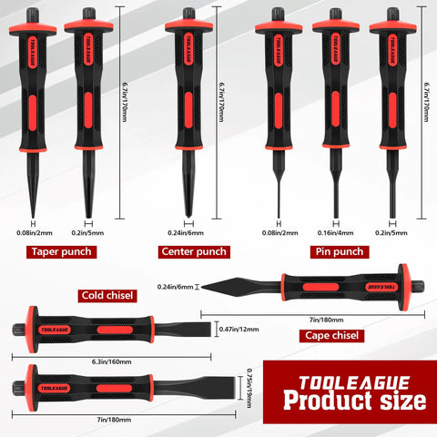 9 Piece Punch And Chisel Set With Cape And Cold Chisels, Center, Pin And Taper Punches, Hand Guard For Safe Grip, Chrome Vanadium