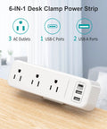 Clamp On Desk Power Strip With USB C Three Outlets Desktop Mount 6.5 Ft Extension Cord White Finish on wood surface