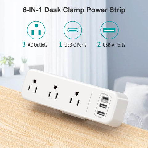 Clamp On Desk Power Strip With USB C Three Outlets Desktop Mount 6.5 Ft Extension Cord White Finish on wood surface