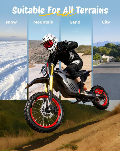 Power Packed 3500W Peak Electric Dirt Bike for Teens and Adults in various terrains like snow, sand, and city road