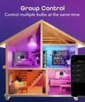 Prisma Smart Light Bulbs 2-Pack Color Changing RGBW LED A19 in model house showing group control via phone app with Alexa and Google Home.