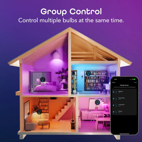 Prisma Smart Light Bulbs 2-Pack Color Changing RGBW LED A19 in model house showing group control via phone app with Alexa and Google Home.