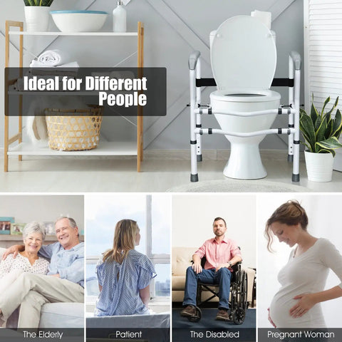 Rock Solid Free Standing Toilet Safety Rail With Quick Adjust Height And Width Settings Secure Bathroom Handrail For Aging Adults 300 Pound Load Capacity Hassle Free Setup next to a toilet, ideal for elderly and disabled.