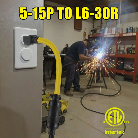 Heavy Duty Nema 5-15P To L6-30R Generator Welder Adapter Cord delivering 125 Volt 15 Amp power plugged into a wall outlet.