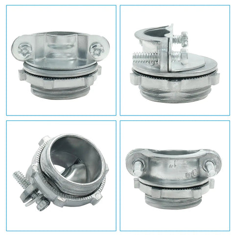 Heavy Duty 1 Inch Clamp Cable Connectors 4 Pack Including Free Screwdriver for snug electrical wire splices, shown from multiple angles.